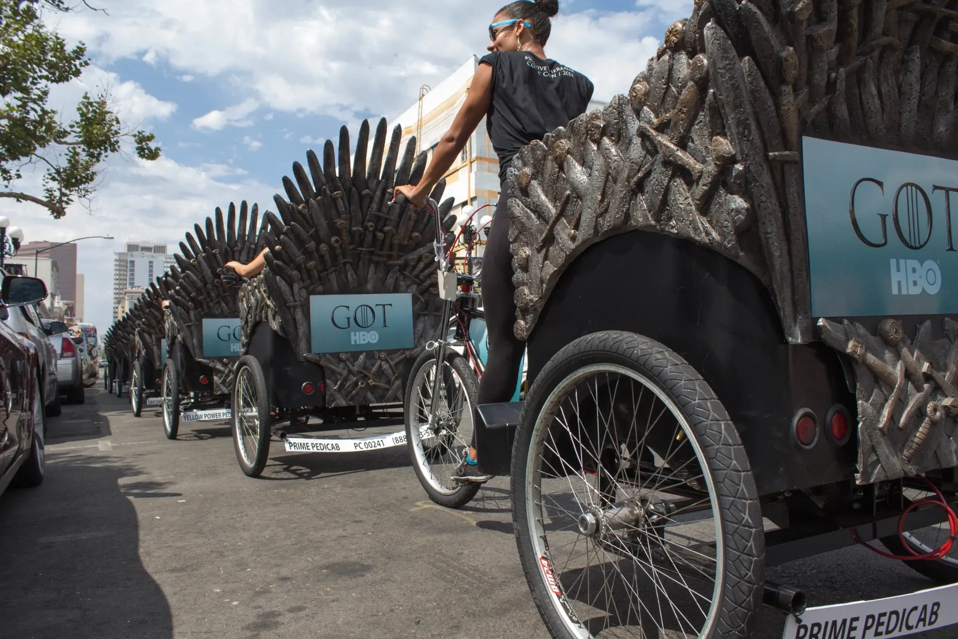 Game of Thrones HBO Iron Throne pedicab fleet lined up for Comic-Con San Diego