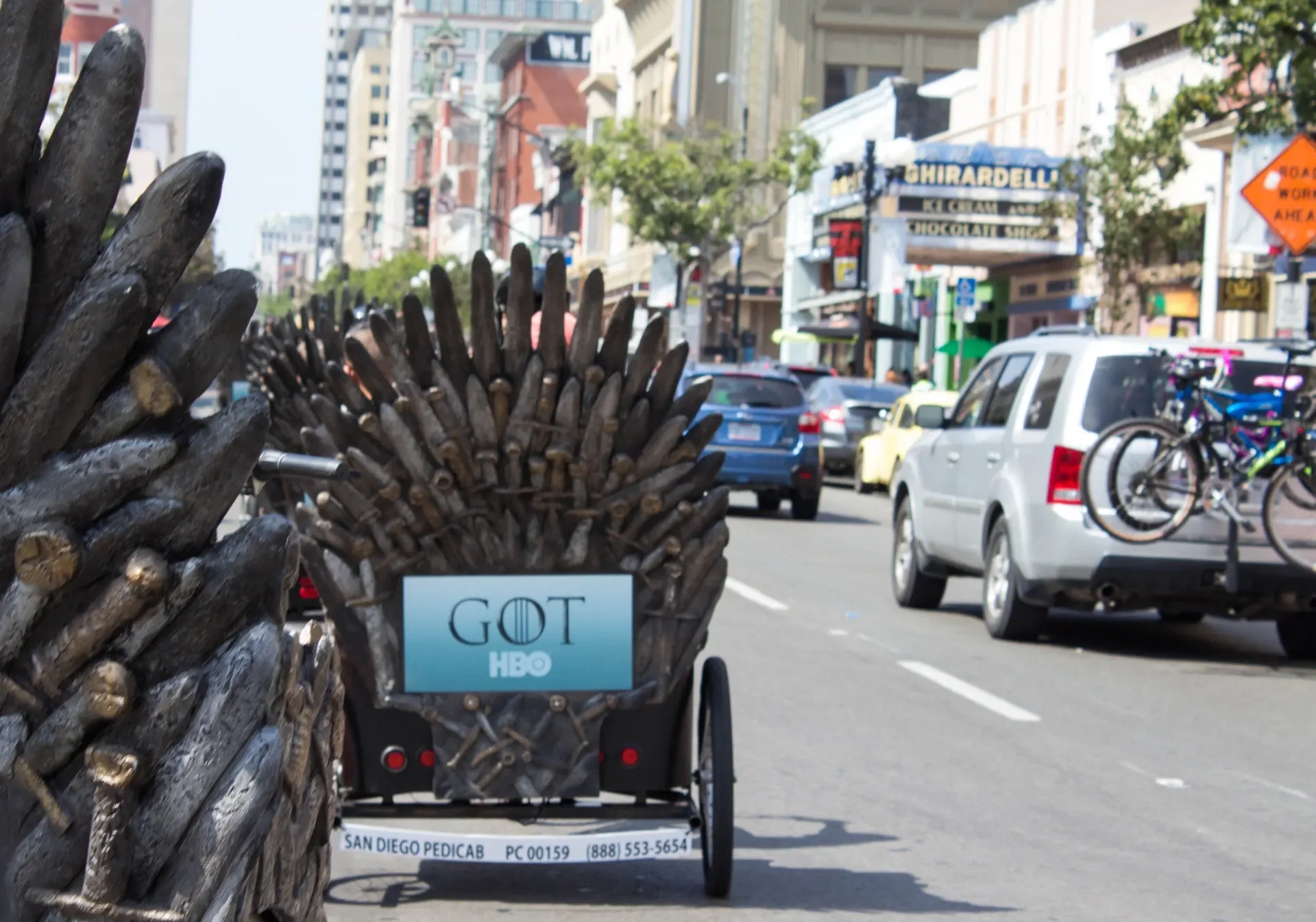 HBO Game of Thrones Iron Throne pedicab on a Gaslamp Quarter street at Comic-Con